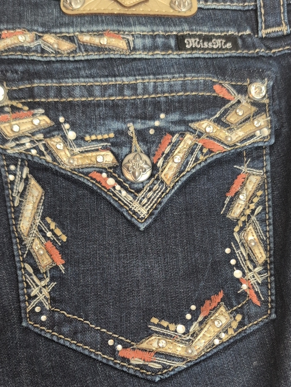 Miss Me Jeans Women’s 34 Easy Straight Dark Wash Rhinestone Embellished Stretch